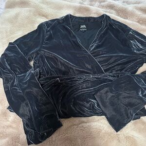 Zara Gray Blue Velvet Blouse S